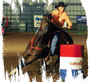 Noel Cosca of Cosca Livestock in Friant, CA Riding her barrel racing horse Super Sunday Special